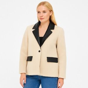 NWT Faux Sherpa Teddy Blazer Coat‎ w/Vegan Leather Trim & Lining Size M Revolve